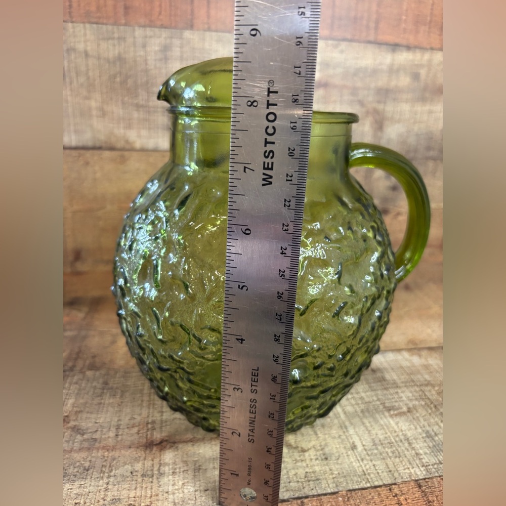 Vintage Anchor Hocking 60’s Lido Milano Crinkle Glass Ball Pitcher Avocado Green - Picture 7 of 9